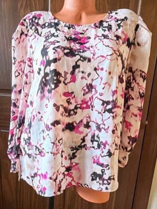 DKNY Tops - DKNY Women's Long Sleeve Crewneck Blouse in Pink, Black and White Abstract Print